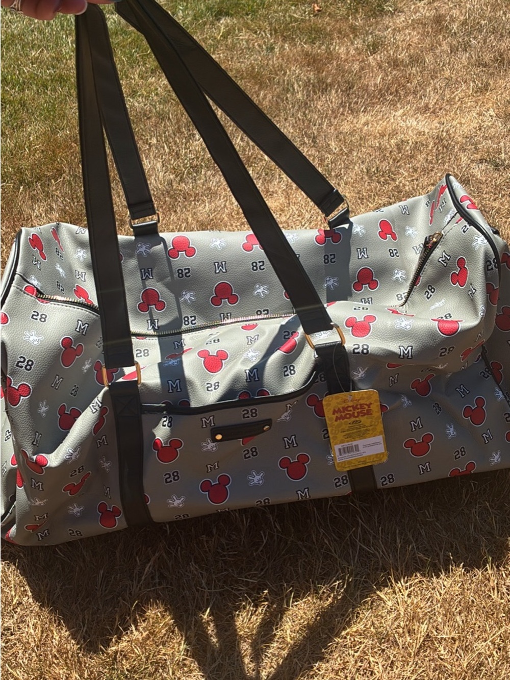 Mickey Mouse Pattern Travel Duffel Bag - Gray with Red Accents